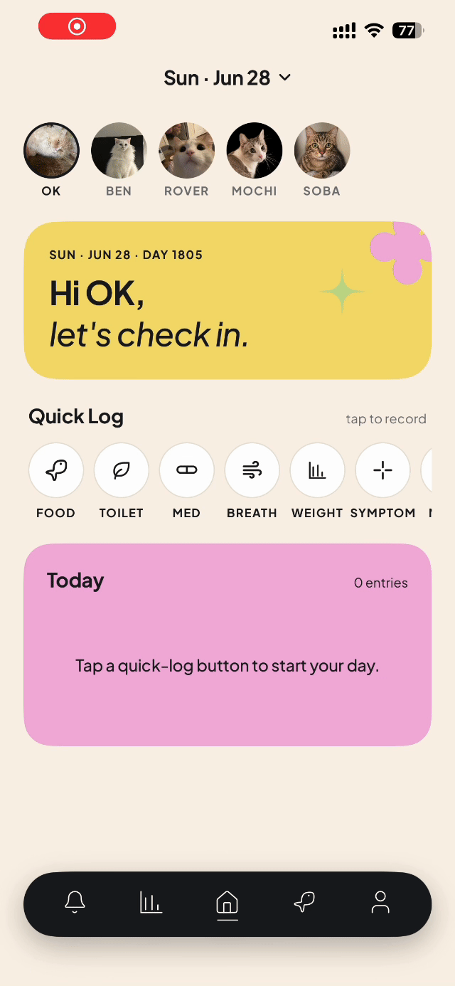 Floofy quick-log flow for recording daily cat care in under ten seconds.