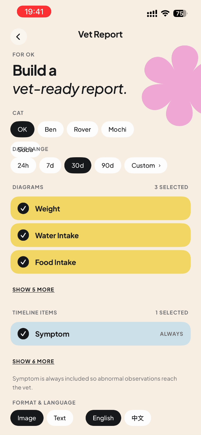 Floofy automatically generating a vet-ready care report from daily logs.