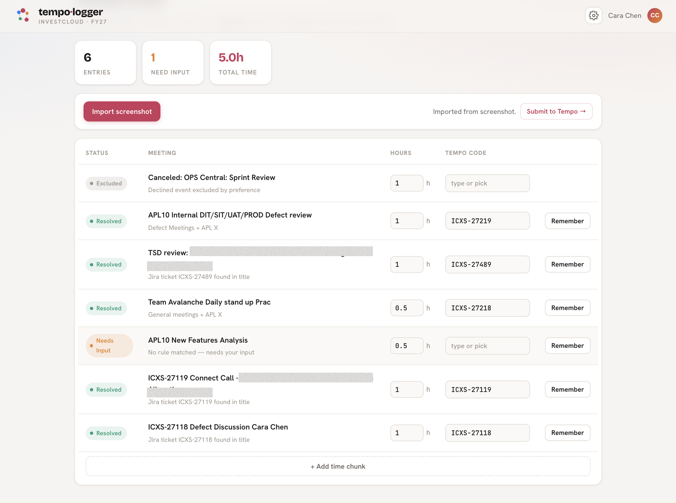 Timesheet Automation review interface with proposed calendar entries and Tempo codes